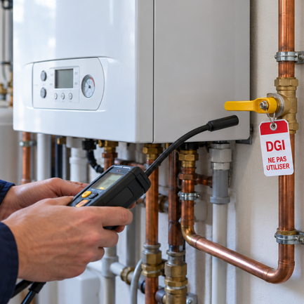 Contrôle d'une chaudière au détecteur de gaz avec étiquette DGI Ne pas utiliser sur la vanne